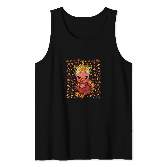 Thanksgiving Turkey With Unicorns Horn Fall Leaves Pumpkins Tank Tops