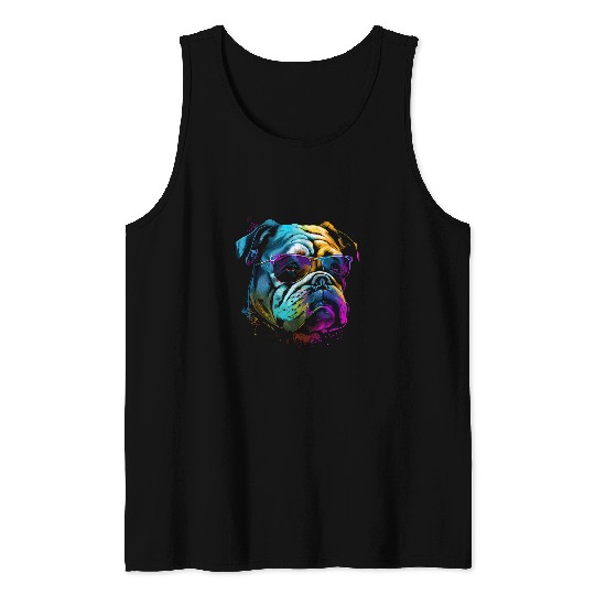 English Bulldog Sunglasses Walking Pet Dogs Fan Tank Tops
