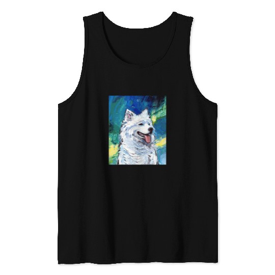 Dog Samoyed Portrait and Northern Lights Dog Aurora Art by Aja Tank Tops