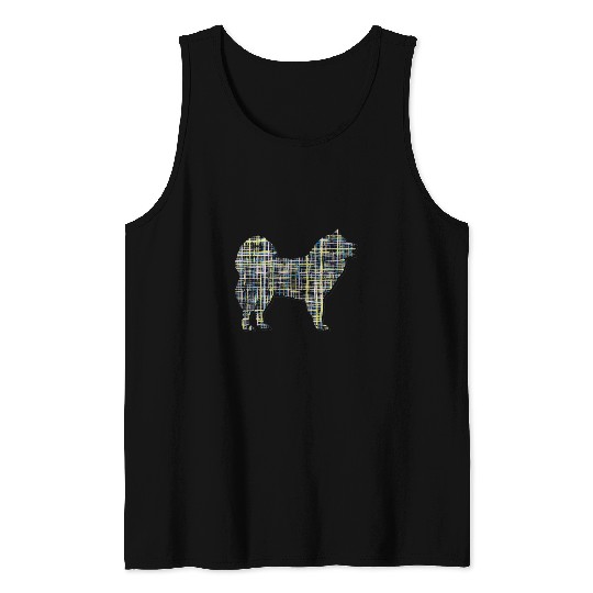 Dog Samoyed Silhouette Abstract Grid Pattern Tank Tops
