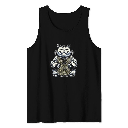 Fat Cute Cat Japanese Samurai sumos Animal Art 2 Tank Tops