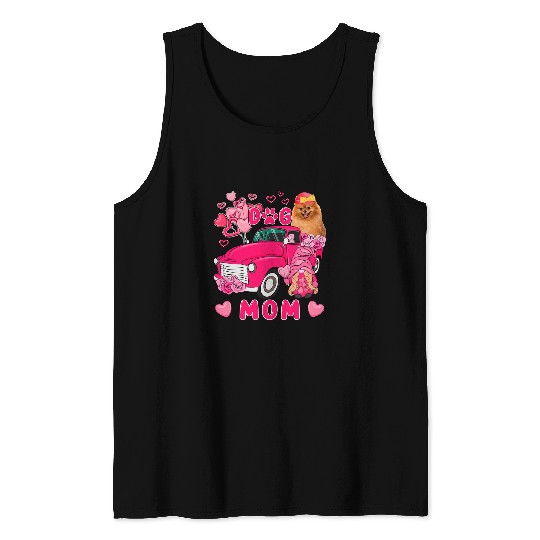 Dog Mom Cute Pomeranian On Pickup With Hearts Gnome Floral Tank Tops