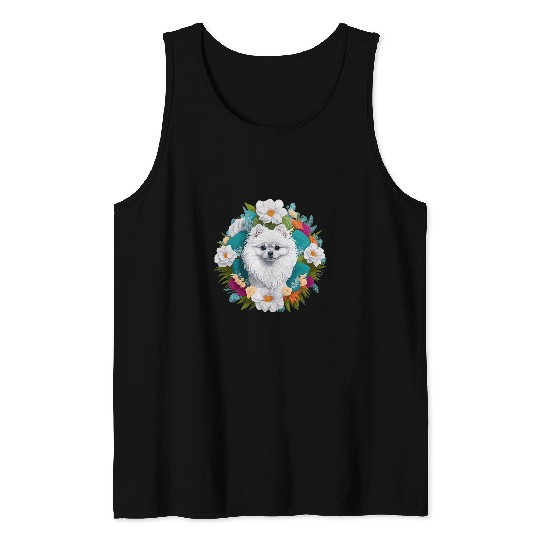 Dog Lover Smiling White Pomeranian Flowers Floral for Women Tank Tops