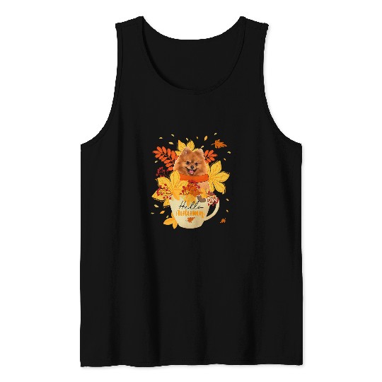 Hello Autumn Thanksgiving Pomeranian Inside Cup Fall Leaves Tank Tops