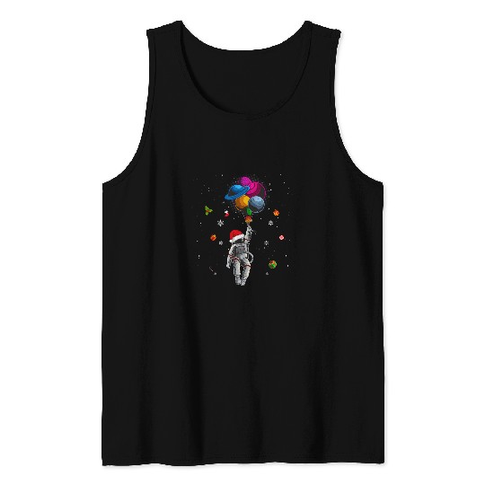 Funny Astronaut Sant Hat Holding Planet Balloons Christmas Tank Tops