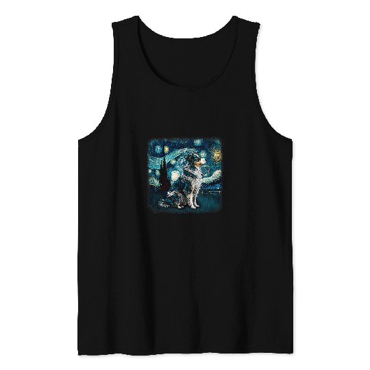 Dog in starry night van gogh aussie mini Australian Shepherd Tank Tops