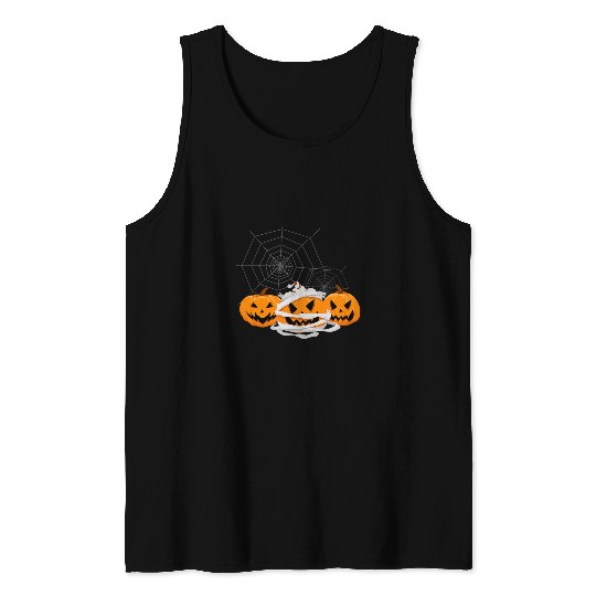 Three Halloween Pumpkins Jack O Lantern Faces Spider Web Tank Tops