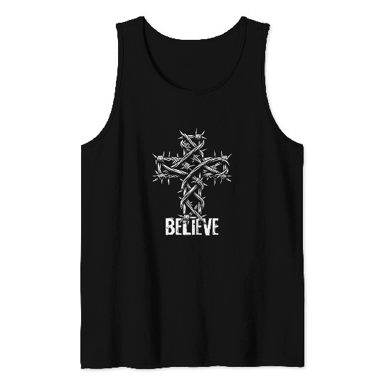 Believe Christian Barbed Wire Cross Jesus Christ Christians Tank Tops
