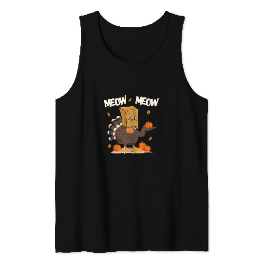 Turkey Paper Bag Cat Meow Meow Funny Thanksgiving Cat Tank Tops