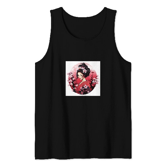 Elegant Japanese Geisha Sakura Vector Design Tank Tops