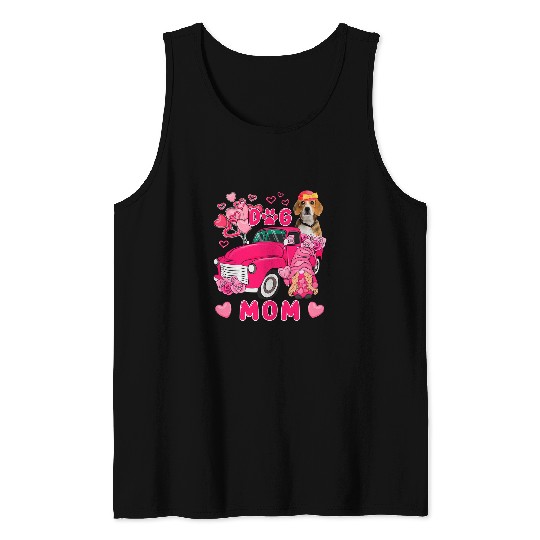 Dog Mom Cute Beagle On Pickup With Hearts Gnome Floral Tank Tops