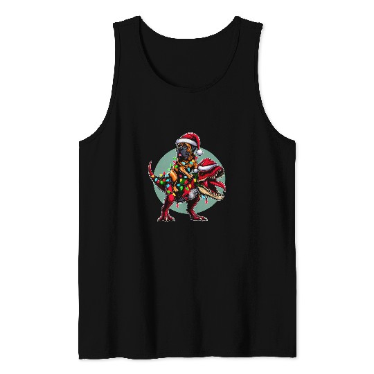 Christmas Lights English Mastiff Dog Riding T Rex Tank Tops