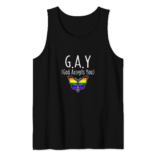 LGBT Gay Pride God Accepts You Rainbow Butterfly Support Tank Tops