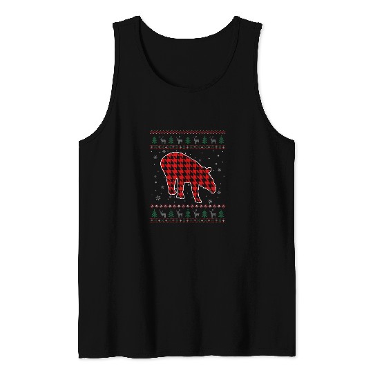 Red Plaid Ugly Christmas Tapir Animals xmass Pajama Tank Tops