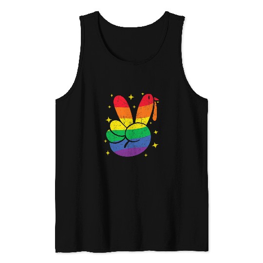 Rainbow Peace Sign Turkey Hand LGBT Gay Pride Thanksgiving Tank Tops
