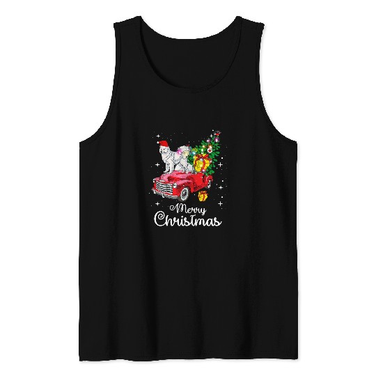 Dog Samoyed Ride Red Truck Christmas Pajama Funny Dog Tank Tops
