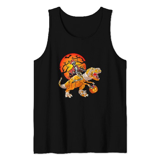 Halloween Dinosaur Skeletons Cowboy Riding T Rex Halloween Tank Tops