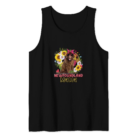 Newfoundland Mama Cute Dog Sunglasses Bow Tie Flowers Circle Tank Tops