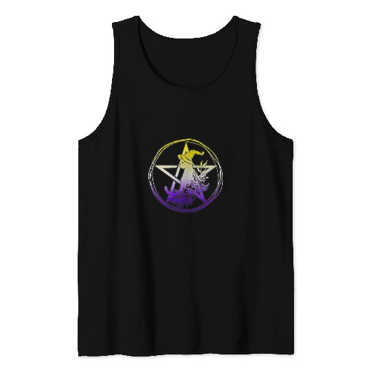Nonbinary Cat Pentagram Pagan Witch NB Enby Pride Floral Tank Tops