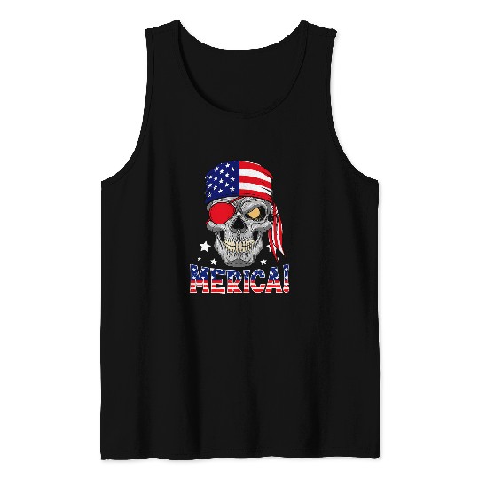 Merica Pirate Skull American Flag Lover 4th Of July Tank Tops
