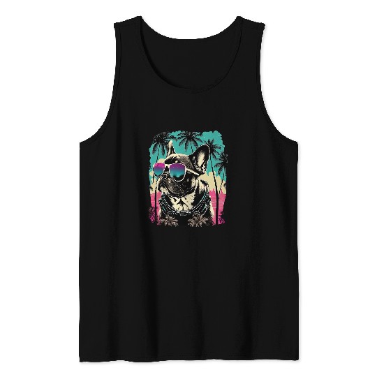 Frenchie in Paradise Retro Bulldog on Palm Sunset Tank Tops