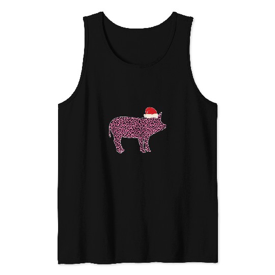 Pig Lover Funny Christmas Pink Leopard Print Santa Hat Tank Tops