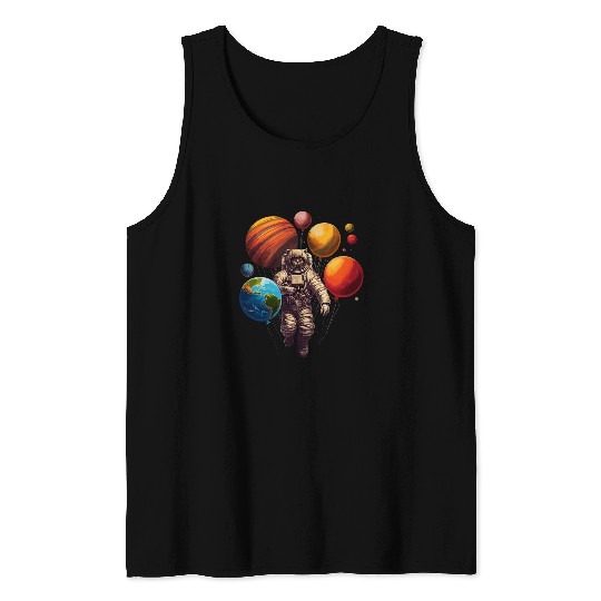Solar System Planet Balloons Cat Astronaut Space Themed Tank Tops