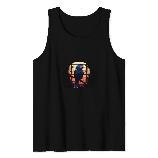 retro sunset Blue parrot bird tree branch moon  silhouette Tank Tops