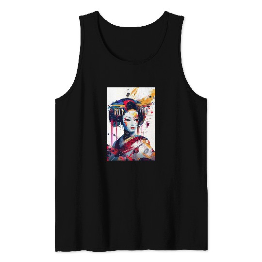 Japanese Mech Robo Geisha Colorful Floral Kimono Beautiful Tank Tops