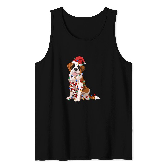 Saint Bernard Dog Santa Christmas Tree Lights Pajama Xmas Tank Tops
