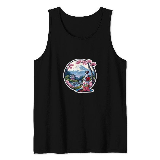 Japanese Geisha With Sakura And Mount Fuji View Graphic Tank Tops