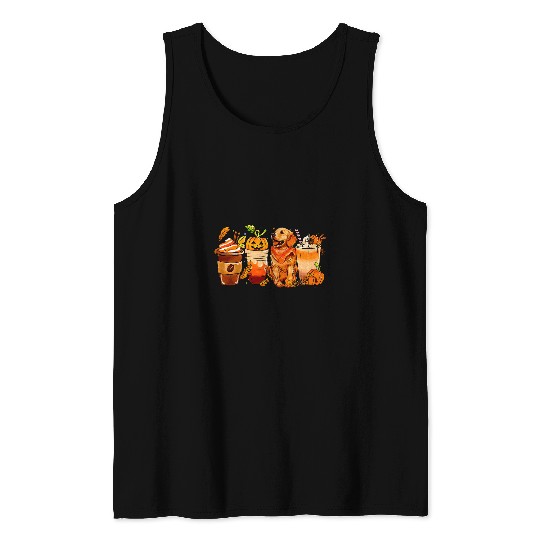 Pumpkin Spice Coffee Golden Retriever Dog Fall Thanksgiving Tank Tops