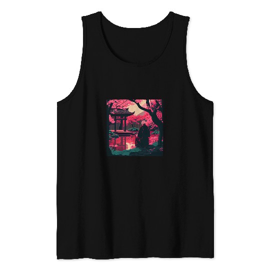 Monk praying in japanese garden with cherry blossoms shrine Tank Tops