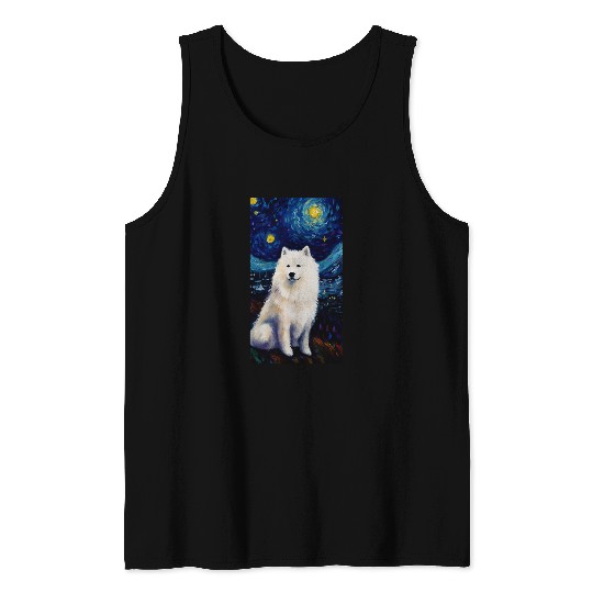 Painting Cute Dog Apparel Starry Night Samoyed Tank Tops