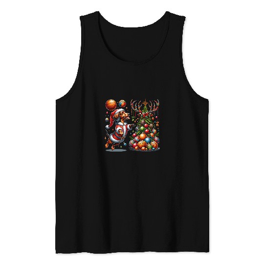 Santa Dachshund Dog Play Basketball Christmas Tank Tops