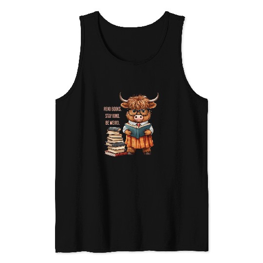Read Books Highland Cow Stack of Books Librarian Teacher Tank Tops