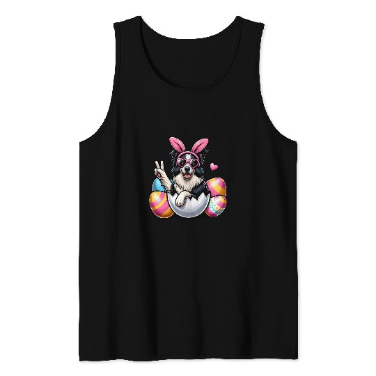 Peace Sign Hand Border Collie Bunny Kids Mens Womens Easter Tank Tops