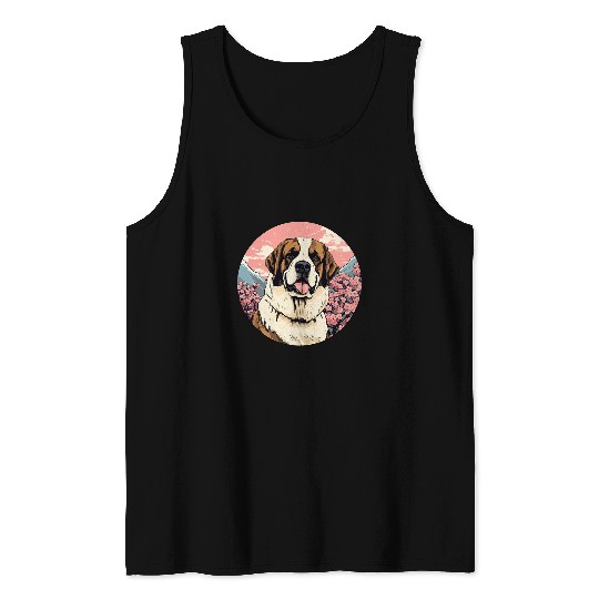 Saint Bernard Cherry Blossom Funny Dog Flowers Tank Tops