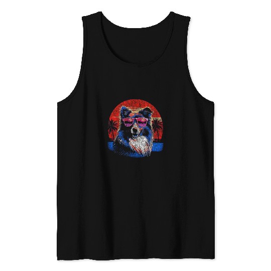 Happy Border Collie With Sunglasses vintages 70s Sunset Tank Tops
