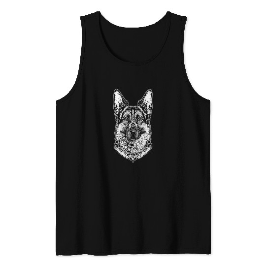German Shepherd Dog Hand Drawn Mandala Style Ink Portrait Tank Tops