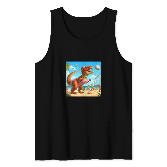 TRexs Dinosaur wearing a Pink Bikini Playing Volleyball Trex Tank Tops