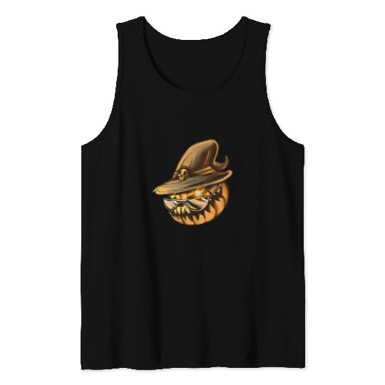 Scary big mouth Halloween pumpkin with sunglasses Tank Tops