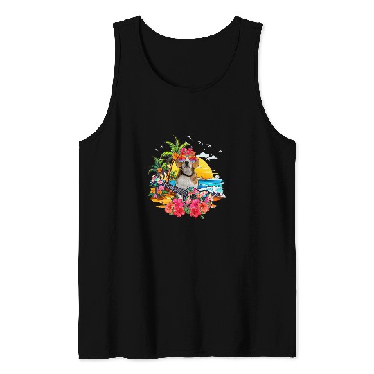 Hawaiian Floral Beagle Sunglasses Playing Guitar On Beach Tank Tops