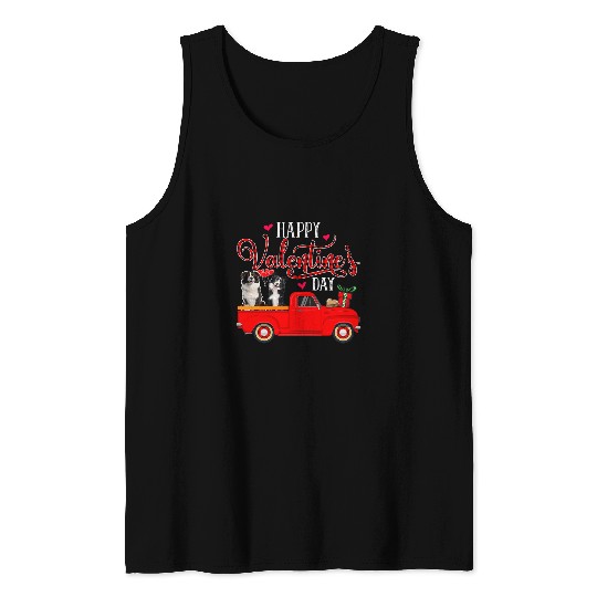 Happy Valentines Day Funny Plaid Red Truck Border Collie Tank Tops
