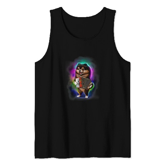 Pomeranian Dog Play Accordion in Galaxy Rainbow Space Tank Tops