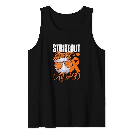 Strike Out ADHD Awareness Baseball Ball With Orange Ribbon Tank Tops