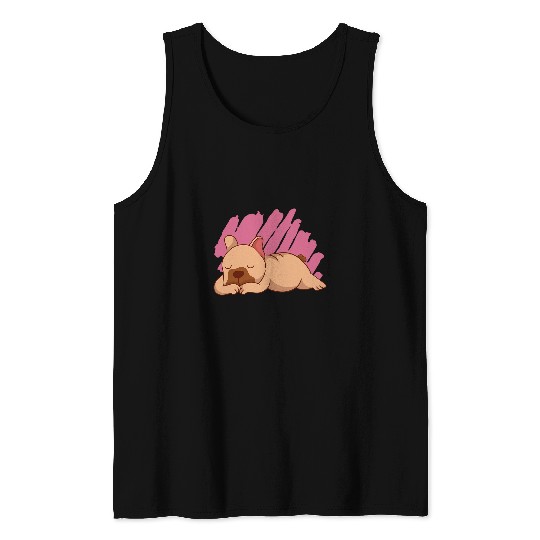 Sleeping French Bulldog with Pink Squiggle in Background Tank Tops