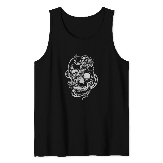 Split skull with roses skull with Snake halloween skull Tank Tops