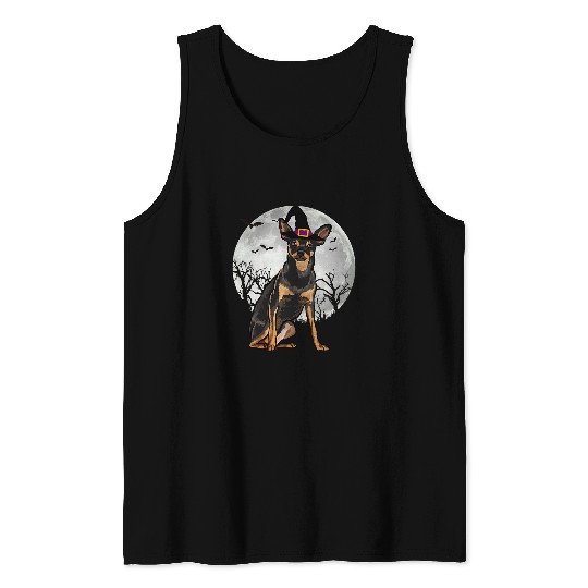 Scary Miniature Pinscher Dog Witch Hat Halloween Tank Tops