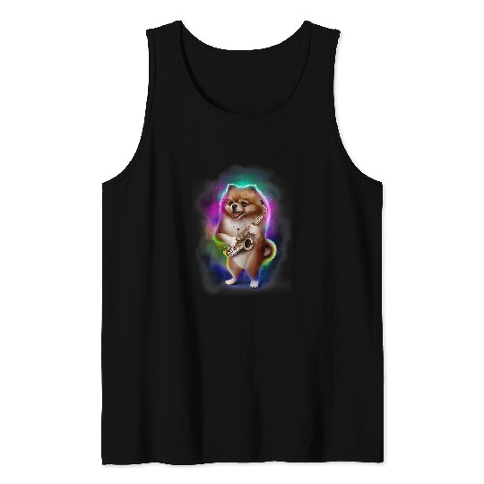 Pomeranian Dog Play Saxophone in Galaxy Rainbow Space Tank Tops